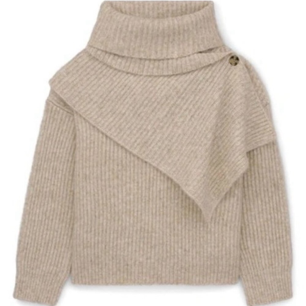 NWT | Thakoon Women's Tan Oatmeal Ribbed Turtleneck Attached Scarf Chunky XS